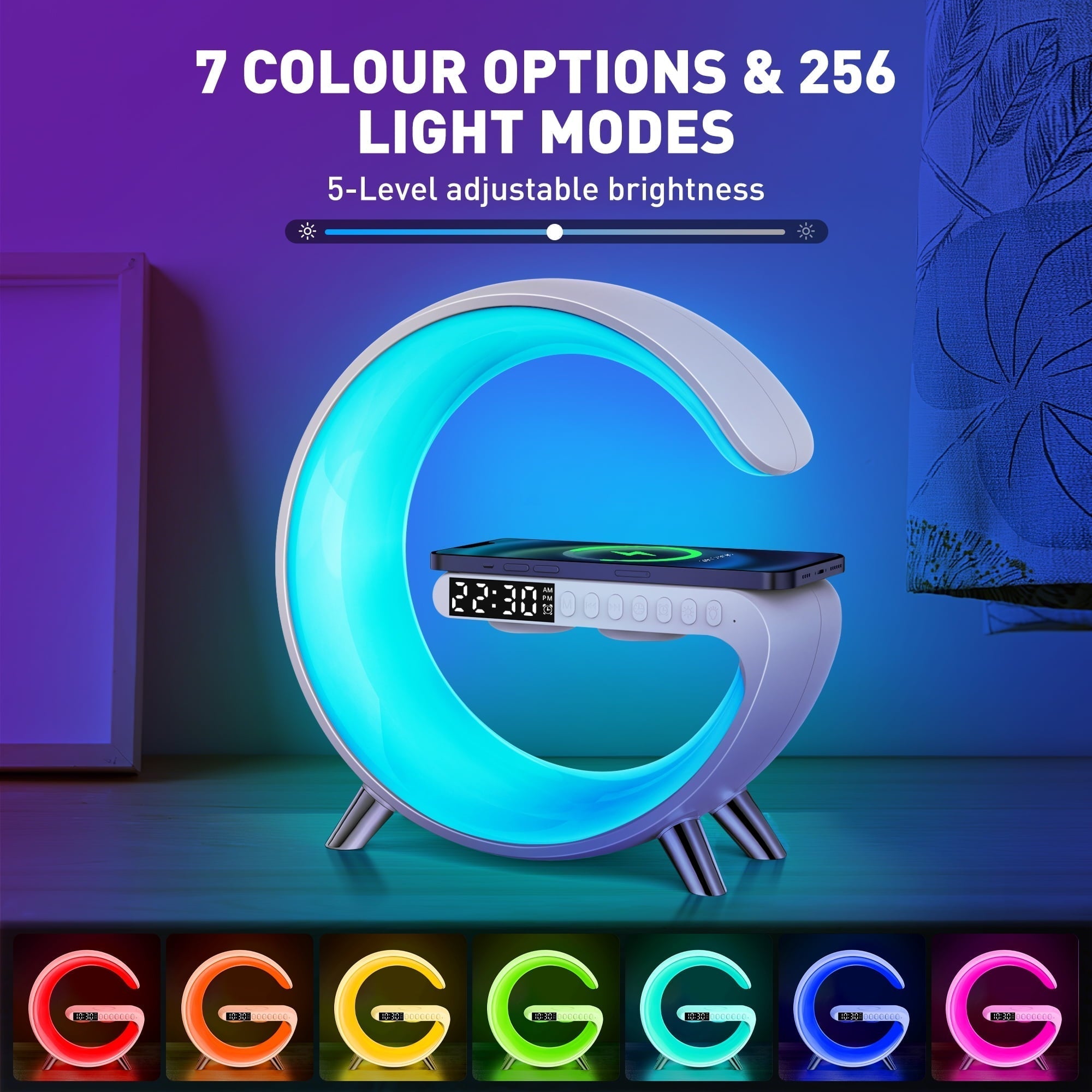 GPED Alarm Clock, Digital Alarm Clock Radio with Wireless Charging & LED Table Lamp,