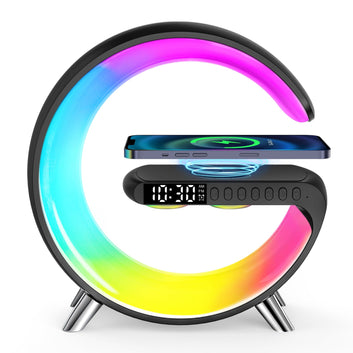 GPED Alarm Clock, Digital Alarm Clock Radio with Wireless Charging & LED Table Lamp,