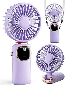 Portable Handheld Fan, 4000mAh Battery Operated 3 in 1 Multifunction Personal Travel Fan with Digital Display, 90° Foldable Desk Fan with Base, 5 Speed Mood,