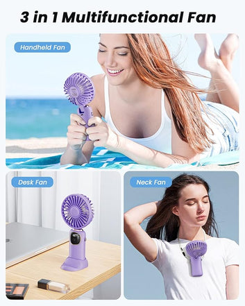 Portable Handheld Fan, 4000mAh Battery Operated 3 in 1 Multifunction Personal Travel Fan with Digital Display, 90° Foldable Desk Fan with Base, 5 Speed Mood,